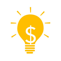Dollar currency symbol inside lightbulb in flat design on white background. Idea for business, startup, project. Making money idea.