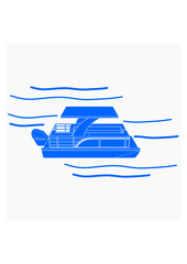 Editable Three-Quarter Top Side View Pontoon Boat on Wavy Water Vector Illustration with Blue Color in Flat Monochrome Style for Artwork Element of Transportation or Recreation Related Design