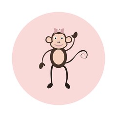 Vector illustration of a child’s room. Illustration with a monkey on a pink background. Template for posters, children's textiles, notebooks, mugs and other uses.