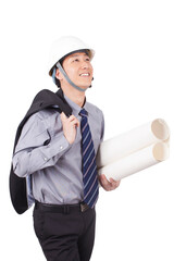 A happy young Construction management holding blueprints