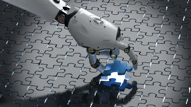 3d rendering robot filling piece of jigsaw 4k footage
