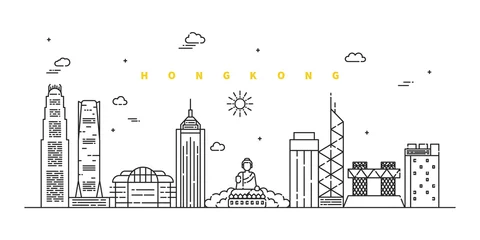 Foto op Plexiglas Hong Kong city. Modern flat line landscape vector. City line art illustration with building, tower, skyscrapers. Vector illustration. © 7AM