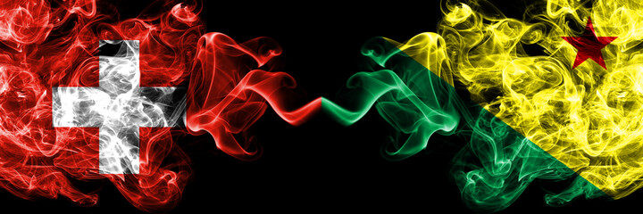 Switzerland, Swiss vs Brazil states Acre smoky mystic flags placed side by side. Thick colored silky abstract smoke flags.