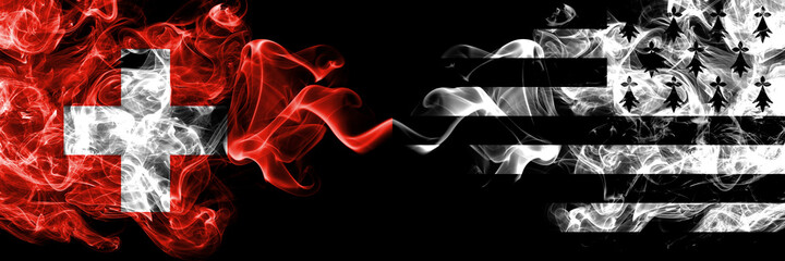 Switzerland, Swiss vs Brittany, Bretagne, Bretons smoky mystic flags placed side by side. Thick colored silky abstract smoke flags.