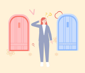 The girl thinks which door to choose, vector graphics