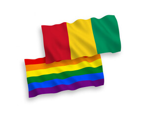 Flags of Rainbow gay pride and Guinea on a white background