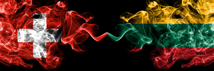 Switzerland, Swiss vs Lithuania, Lithuanian smoky mystic flags placed side by side. Thick colored silky abstract smoke flags.