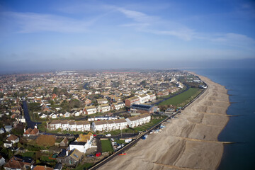 Obraz premium Aerial View of East Beach at Selsey in Southern England where the RNLI Lifeboat Station is situated.