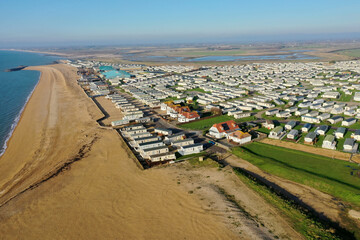 Aerial photo along the beach at Selsey in Southern England with the popular West Sands Holiday Park in view.