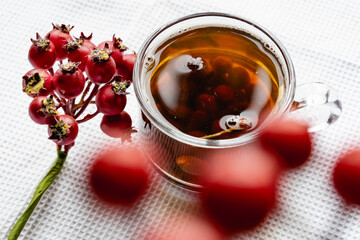 Fruit tea made from berries and rosehip fruits in a transparent glass mug. Hot drink like fresh compote on a white towel