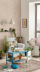 Modern decorative living room corner and city view, child object interior style. Work table and laptop.
