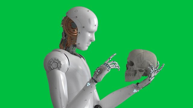 robot starring at human skull