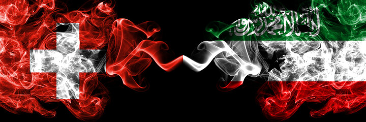 Switzerland, Swiss vs Somaliland smoky mystic flags placed side by side. Thick colored silky abstract smoke flags.