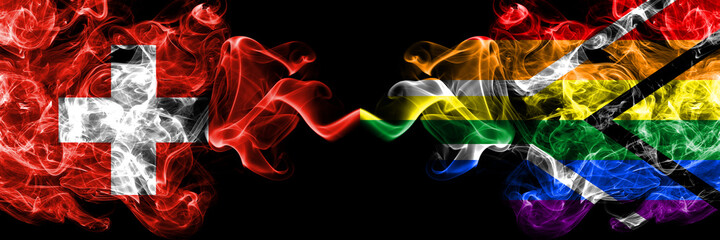 Switzerland, Swiss vs South Africa, African, gay  smoky mystic flags placed side by side. Thick colored silky abstract smoke flags.