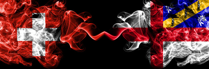 Switzerland, Swiss vs United Kingdom, Great Britain, British, Herm  smoky mystic flags placed side...