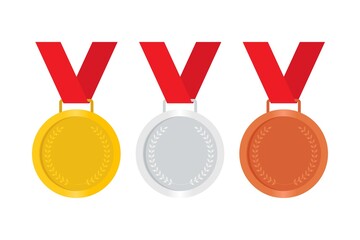 gold, silver and bronze medals with red ribbon flat vector icon