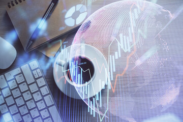 Multi exposure of forex chart drawing and work table top veiw. Concept of financial analysis.