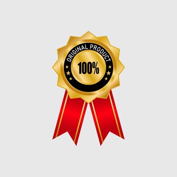 Gold hundred percent original badge with red ribbon on white background