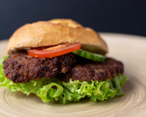 hamburger on a plate with lettuce cucumber and tomato 