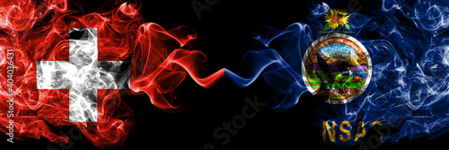 Switzerland, Swiss vs United States of America, America, US, USA, American, Kansas smoky mystic flags placed side by side. Thick colored silky abstract smoke flags.