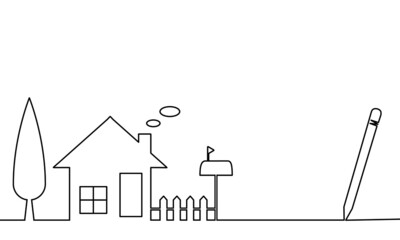 Simply outline drawing of a cute little house with a tree, a fence and a mailbox with a pen drawing on the right. Concept about family, home, real estate, architectural, engineering and etc.
