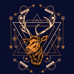 Deer head with sacred geometry pattern on black background-vector retro illustration