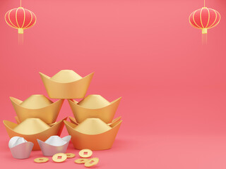 3D rendering, The chinese golds on red background , Happy Chinese New Year concept, 3D illustration