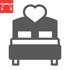 Love bed glyph icon, valentines day and sex, bed with heart sign vector graphics, editable stroke solid icon, eps 10.