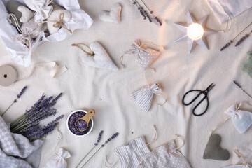 Hand made lavender sachets in textile bags and soft hearts. Dry lavender flowers for stuffing,...