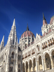 Building of Hungarian Parliament. Low angle view. Budapest, Hungary