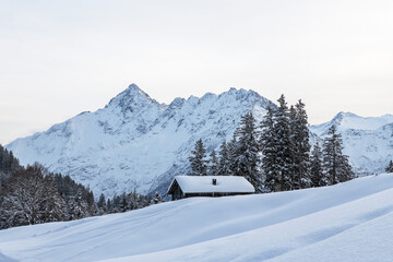 Fototapeta na wymiar winter mountain scene with a alpine hut and a mountain peak