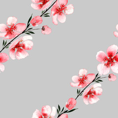 seamless pattern of Japanese cherry blossoms on gray background