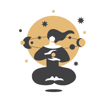 Silhouette of a woman in the lotus position with a planet in her hands. Spiritual development. Space