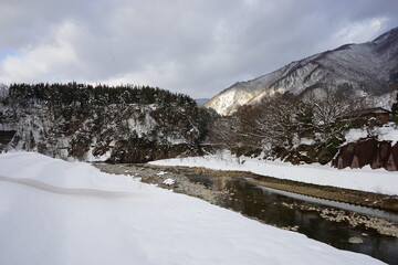 Fototapeta na wymiar UNESCO, World Heritage Site, Shirakawago village with winter snow in Gifu prefecture, Japan , 日本 岐阜県 白川郷 合掌造り