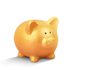 Close up of gold piggy bank on white background