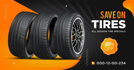 Fototapeta Tire sale out banner template. Grunge tire tracks background for landscape poster, digital banner, flyer, leaflet design. Disc on wheel in process of new tire replacement. obraz