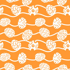 Easter eggs on a wavy background. Seamless pattern, one color, vector.