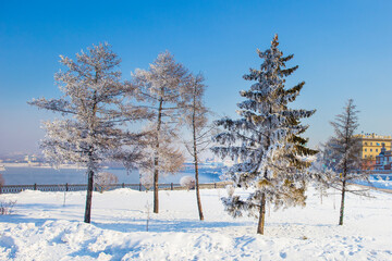 landscape of Irkutsk city of Russia during winter season,church and tree are cover by snow.It is very beautiful scene shot for photographer to take picture.Winter is high season to travelling Russia
