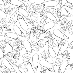 Seamless background with leaves, flowers and eggplants. Line drawing. Lines have different widths. Black white