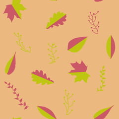 Fototapeta na wymiar Seamless pattern with two-color leaves and bushes on a light brown background.
