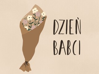 Ręcznie narysowana ilustracja, Laurka z bukietem kwiatów i tekstem po polsku Dzień babci w odcieniach brązu
- 404056455
