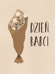 Laurka z bukietem kwiatów i tekstem po polsku Dzień babci w odcieniach brązu - 404056470