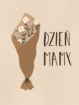 Laurka z bukietem kwiat&oacute;w i tekstem po polsku Dzień mamy w odcieniach brązu