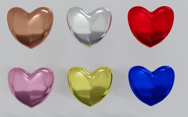 3D Render of hearts metal texture, 
colorful.valentine day isolated.Graphic resources.silver,gold,glossy.