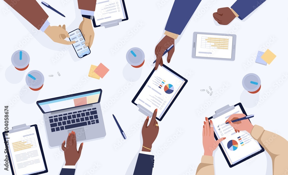 Poster table top view. cartoon people working together with laptops and tablets. teamwork scene in office o