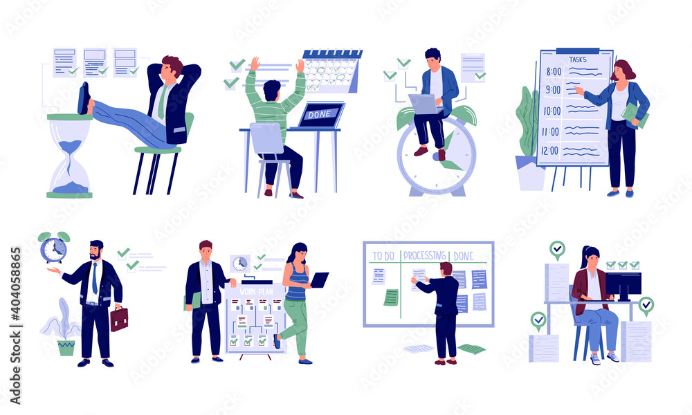 Poster time management. business people planning work process. cartoon employees have workflow strategy. or