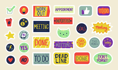 Planner stickers. Cartoon marks for notebook or diary, agenda and reminder. Isolated attention or motivation cute symbols. Colorful collection of schedule decorations with lettering, vector flat set