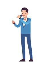 Classical musicians. Vocalist singers performing, symphony entertainment concert, man with microphone and sings song in blue suit, vector flat style cartoon isolated on white single male character