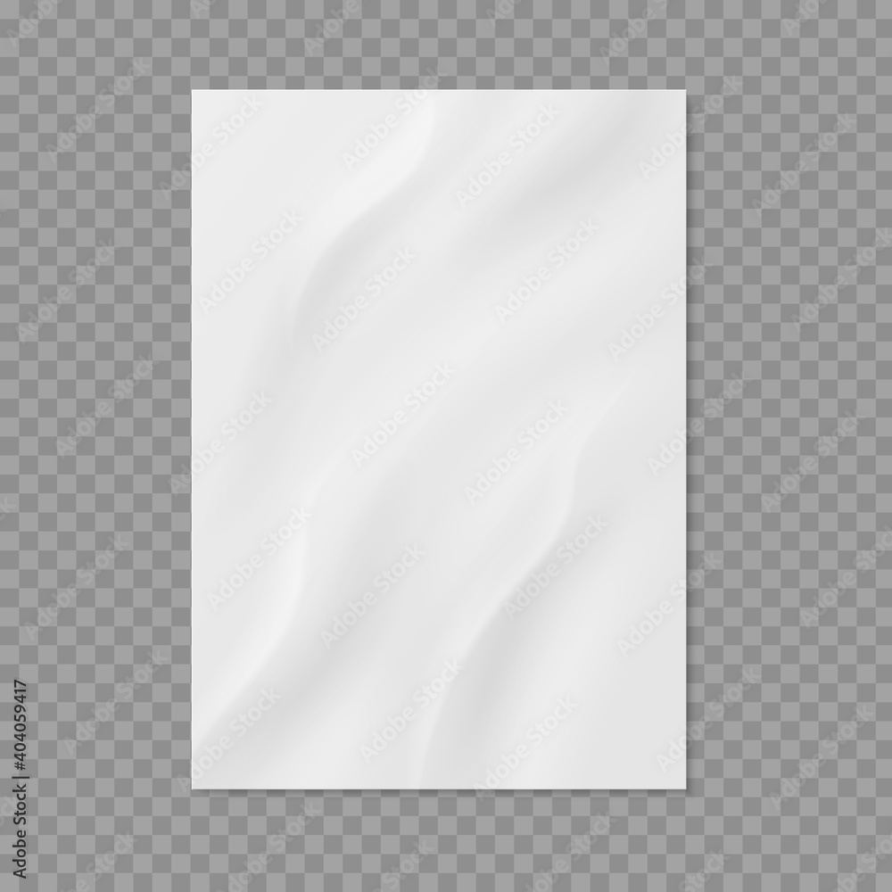 Poster Crumpled paper. Realistic wet wrinkled page. Blank notepad sheet with textured surface and trifold. Isolated empty document with copy space on transparent background. Vector template for writing