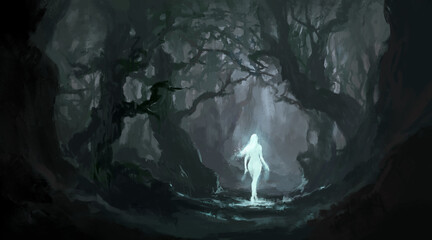 Angel in the quiet primeval forest, digital painting.